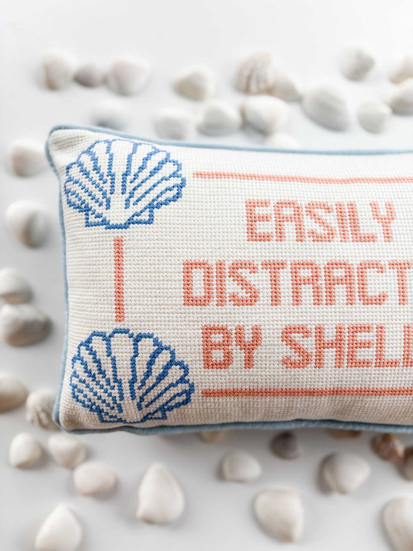Needlepoint Pillow “Easily Distracted by Shells”