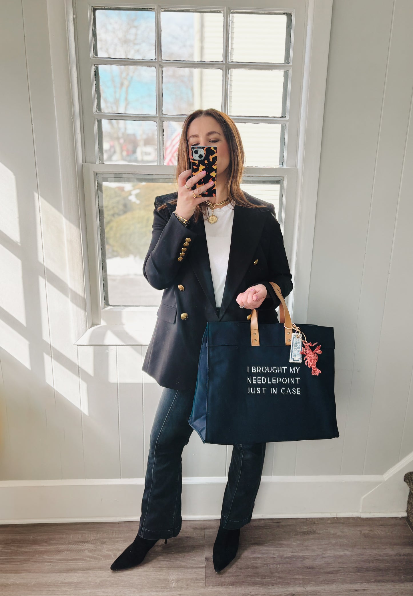 "I Brought My Needlepoint Just In Case" large Navy Box Tote