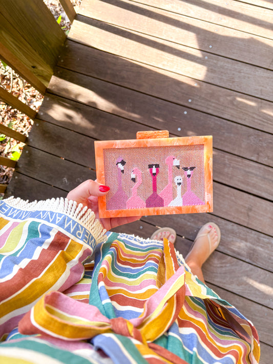 the𝗡𝗗𝗟𝗣𝗧bag™️ acrylic clutch with painted flamingoes