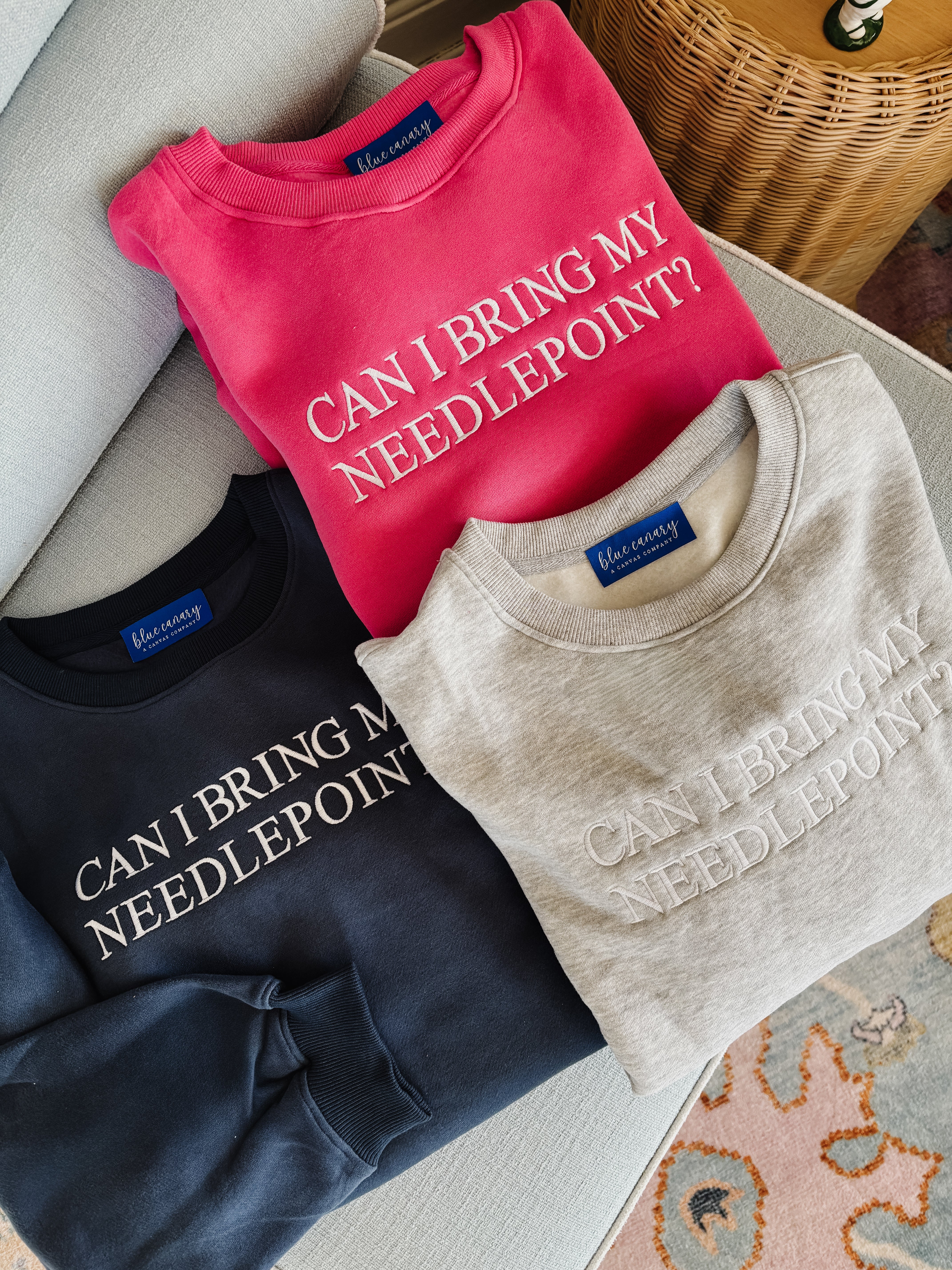 Can I Bring My Needlepoint? Crewneck Sweatshirt – Blue Canary