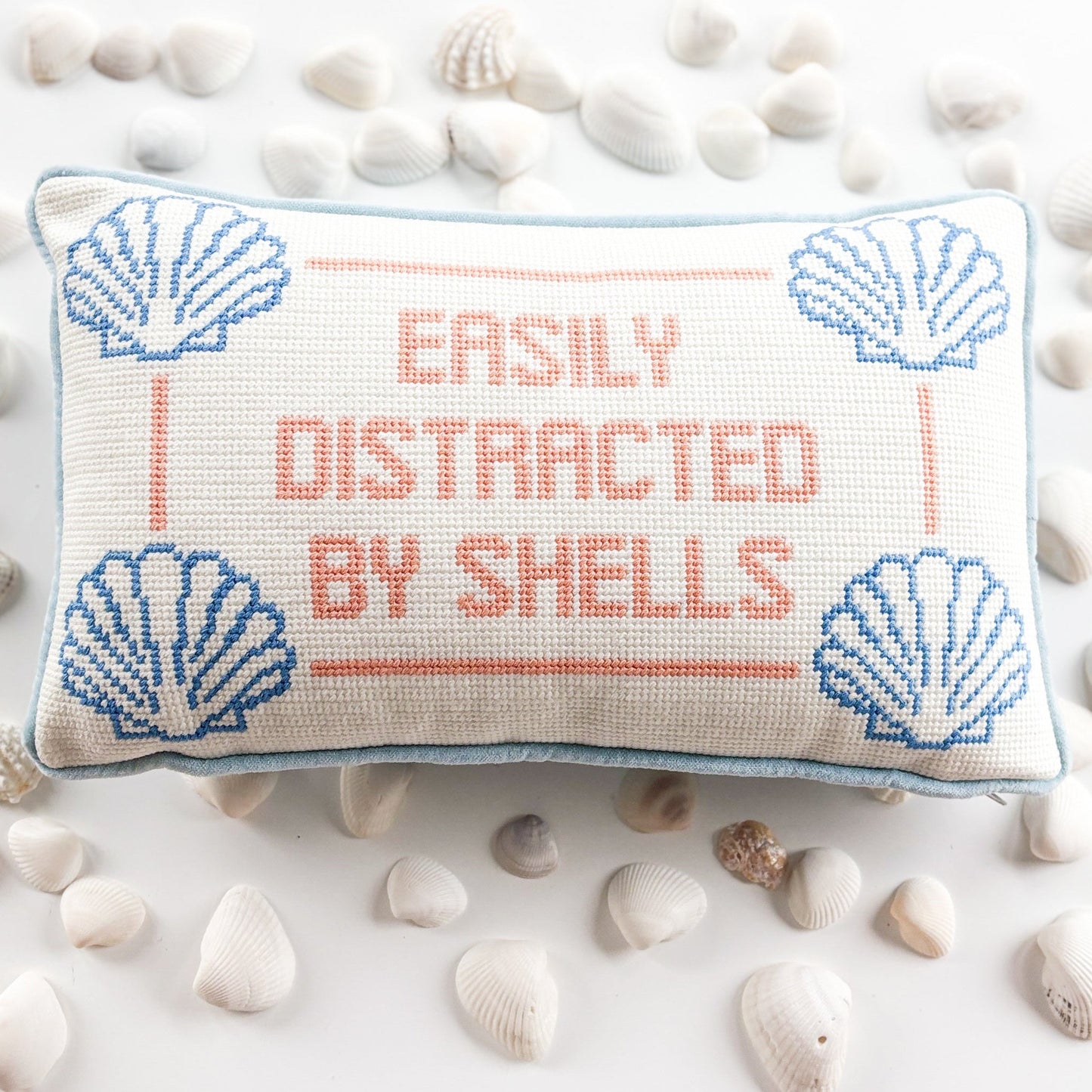 Needlepoint Pillow “Easily Distracted by Shells”
