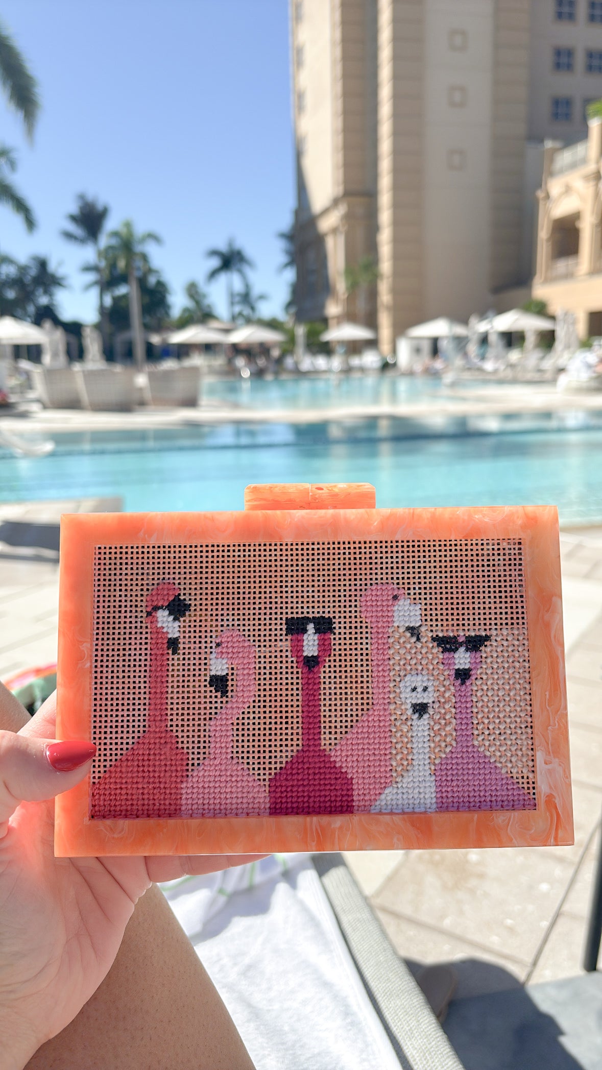 the𝗡𝗗𝗟𝗣𝗧bag™️ acrylic clutch with painted flamingoes – Blue