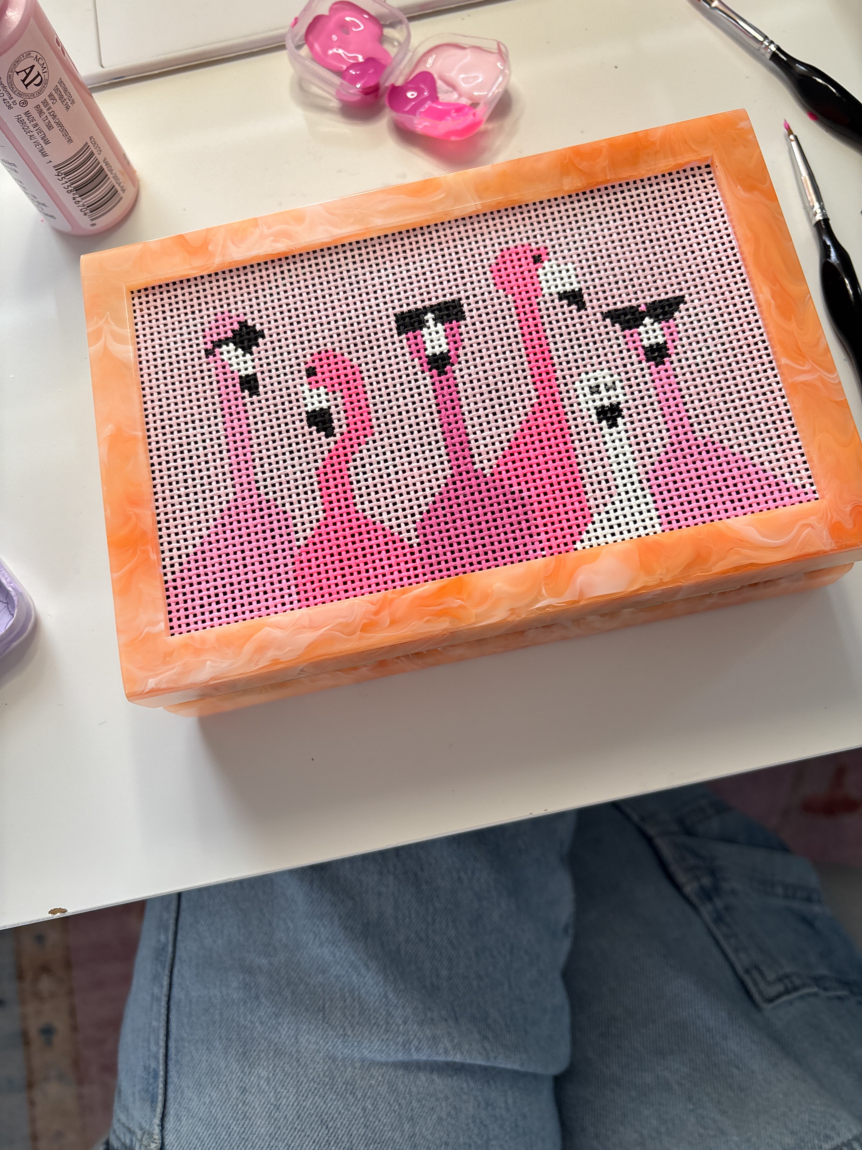 the𝗡𝗗𝗟𝗣𝗧bag™️ acrylic clutch with painted flamingoes – Blue