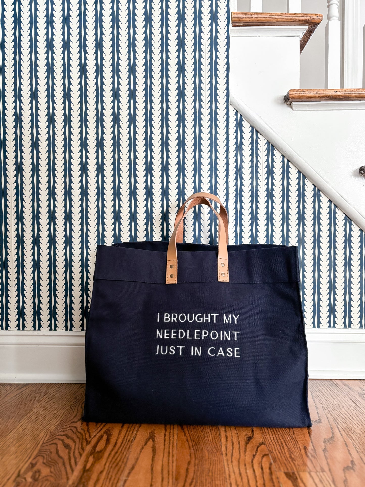 "I Brought My Needlepoint Just In Case" large Navy Box Tote